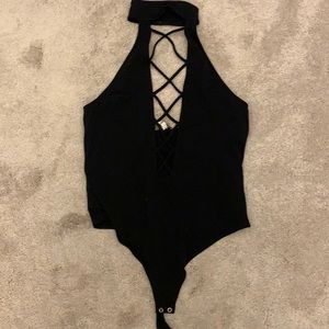 Express black tank bodysuit w collar & deep v